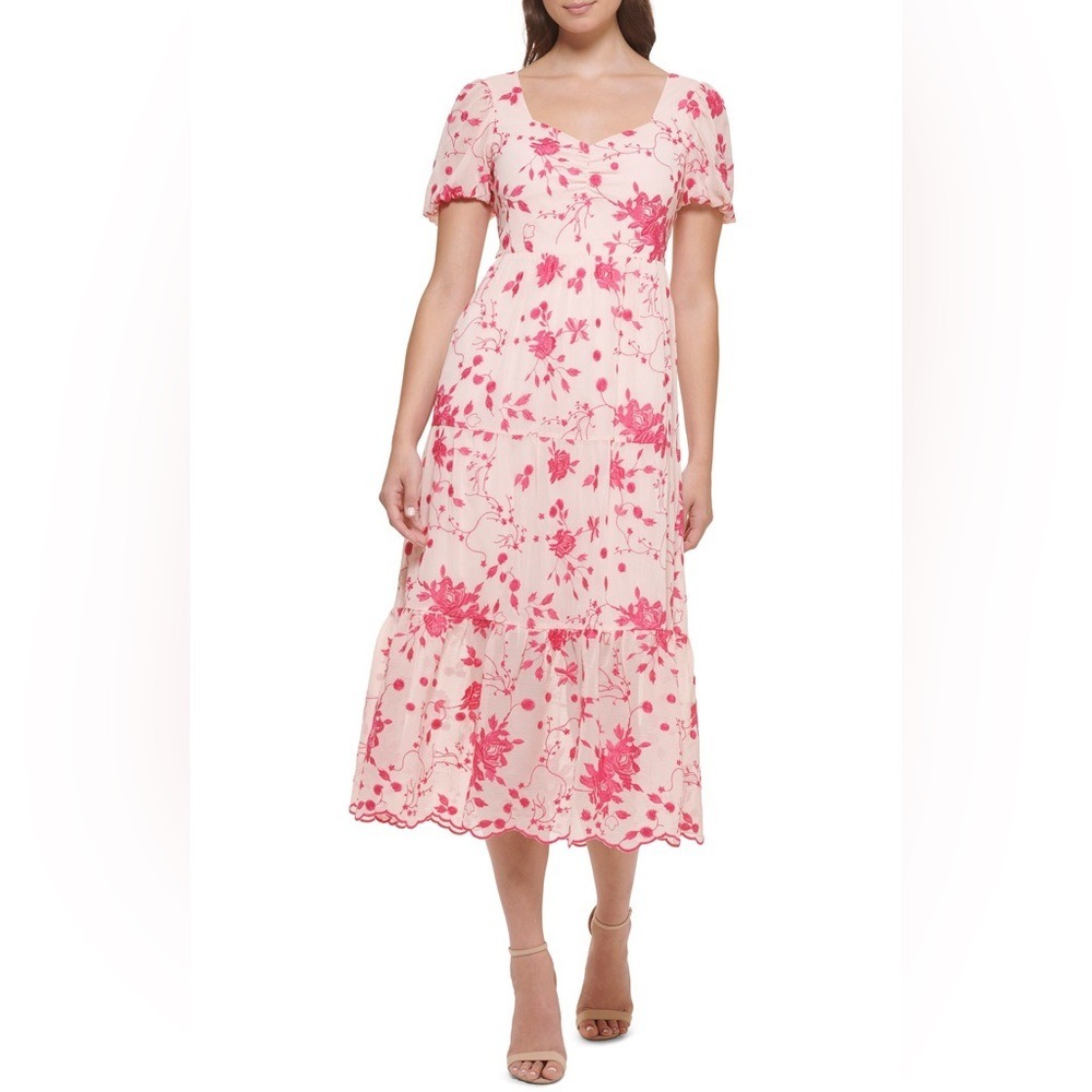 Kensie Floral Embroidered Tiered‎ Midi Dress Flutter Sleeve Blush Pink Size 14
